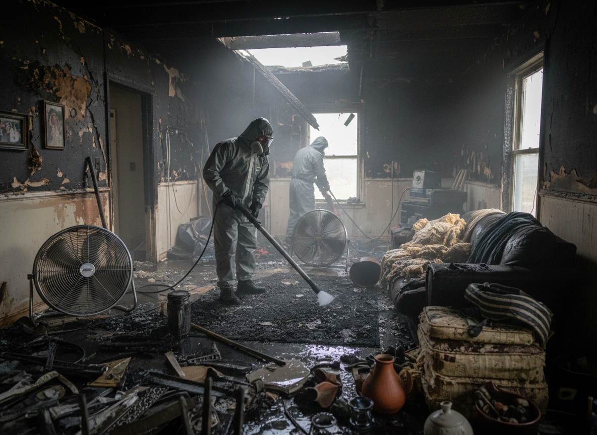 Water damage remediation after fire in Burton